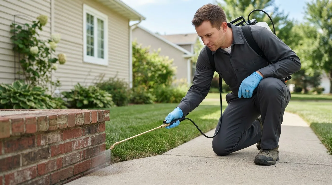 Pest control technician treating a home near Deerfield, OH